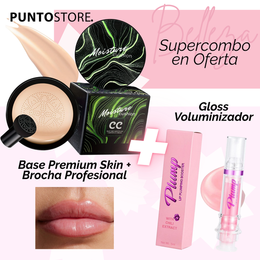 Base Premium Skin+  Lip Gloss Voluminizador + Mini brocha profesional  (3 en 1)